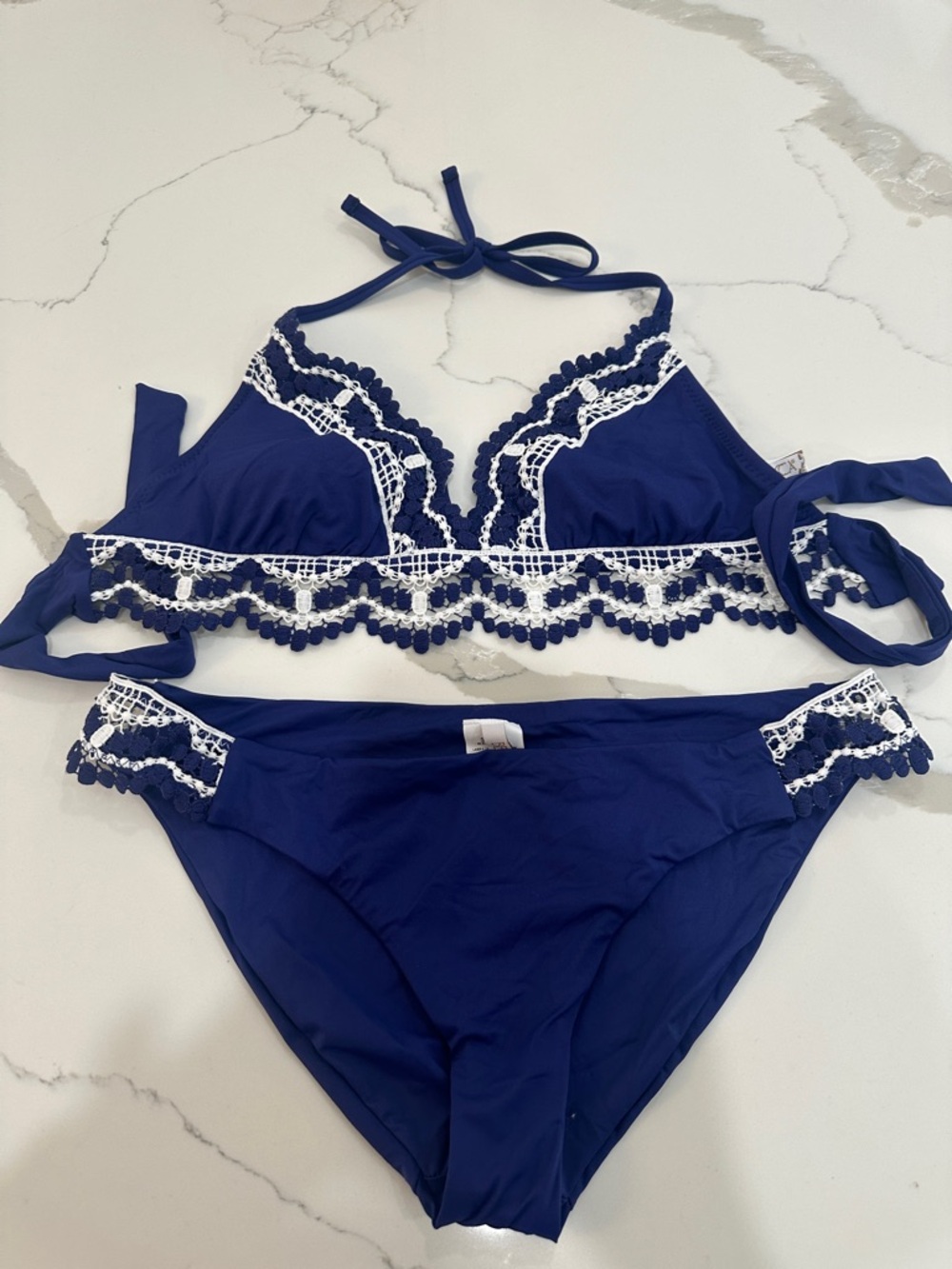 BECCA Navy Blue Bikini with White Lace Trim